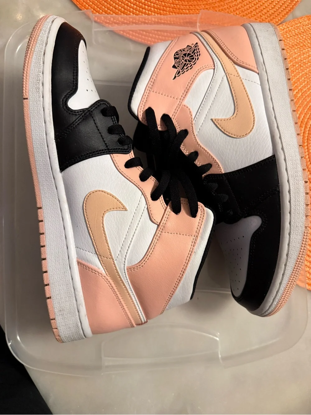Jordan Mid-Top Sneakers in White, Black & Peach